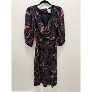 DKNY Floral Wrap Dress Size 8 Black Pink Long Sleeve Midi Knee Length NWT